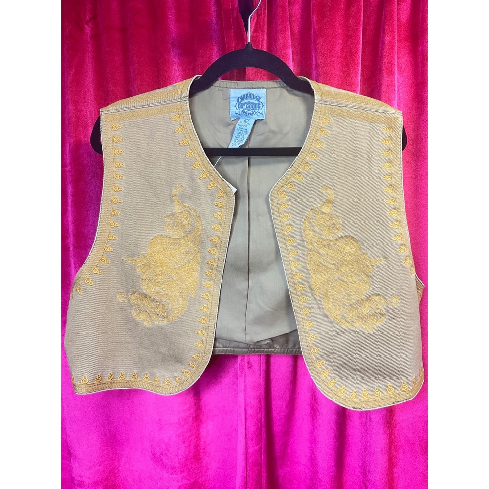 Cambridge Dry Goods Co Vest Womens Large Tan Excellent Embroidered Cotton Crop